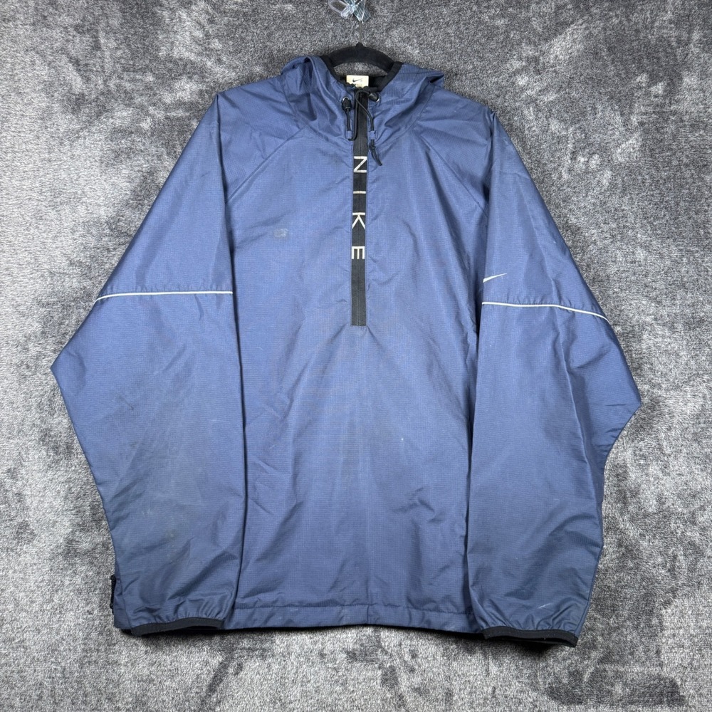 Vintage Nike Windbreaker Navy Blue Quarter Zip Hooded Ripstop Pullover Mens XL